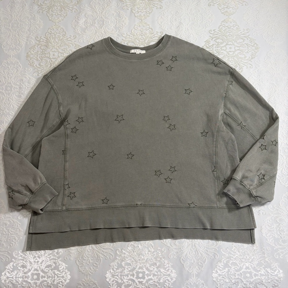 Z Supply Star Embroidered Crewneck Sweatshirt Sage Green Size Small - Picture 5 of 8